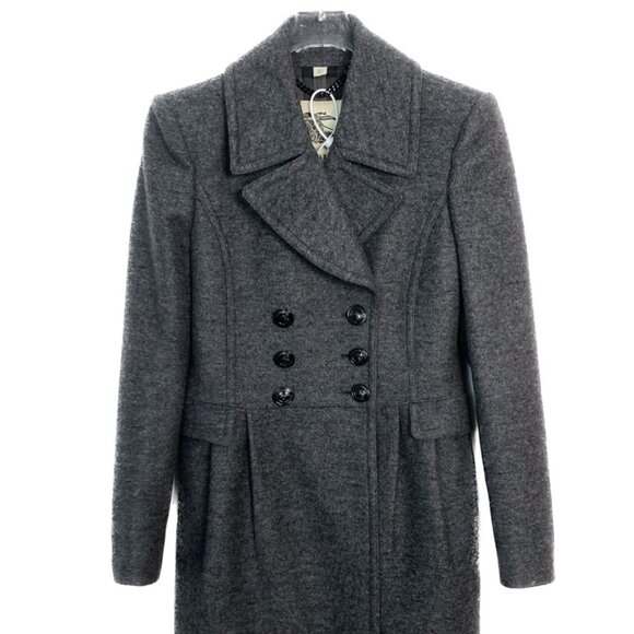 007693 Burberry Lapel Double Breasted Wool Tweed Coat Dark Grey Size 40